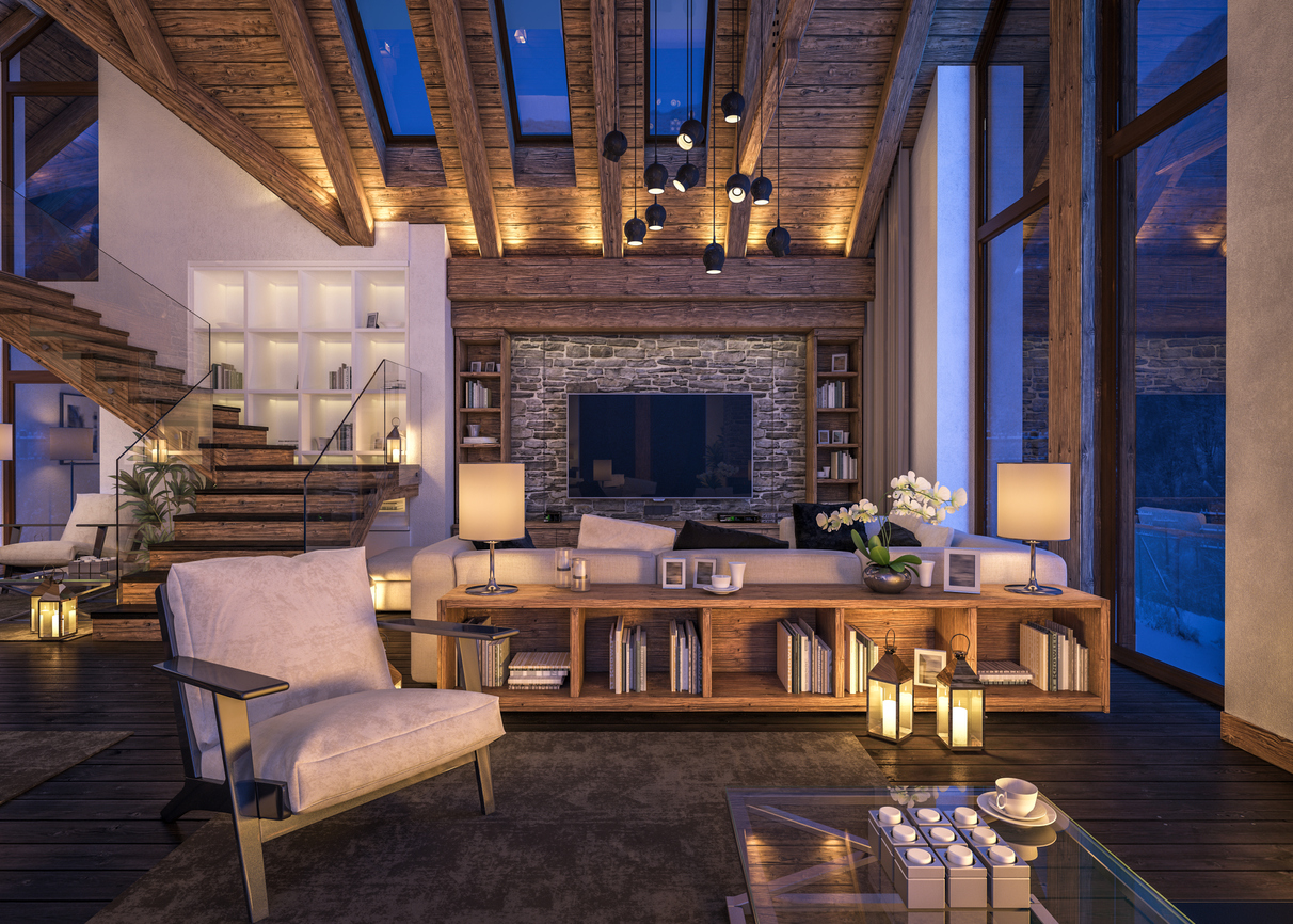 3D rendering of evening living room of chalet