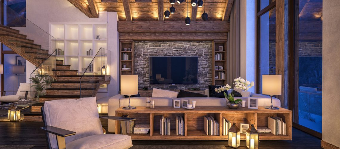 3D rendering of evening living room of chalet